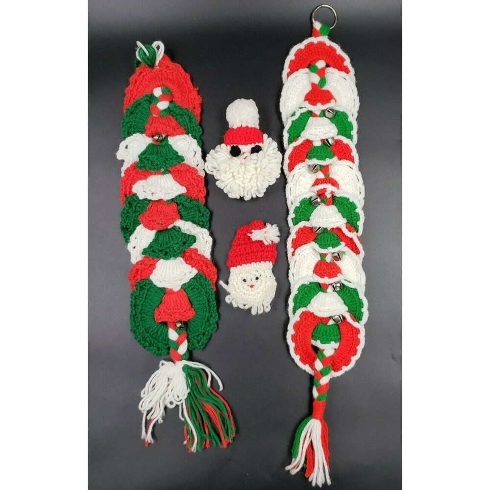 Vtg Crochet Christmas Lot Door Swag Jingle Bell Hanger Door Knob Cover Lapel Pin